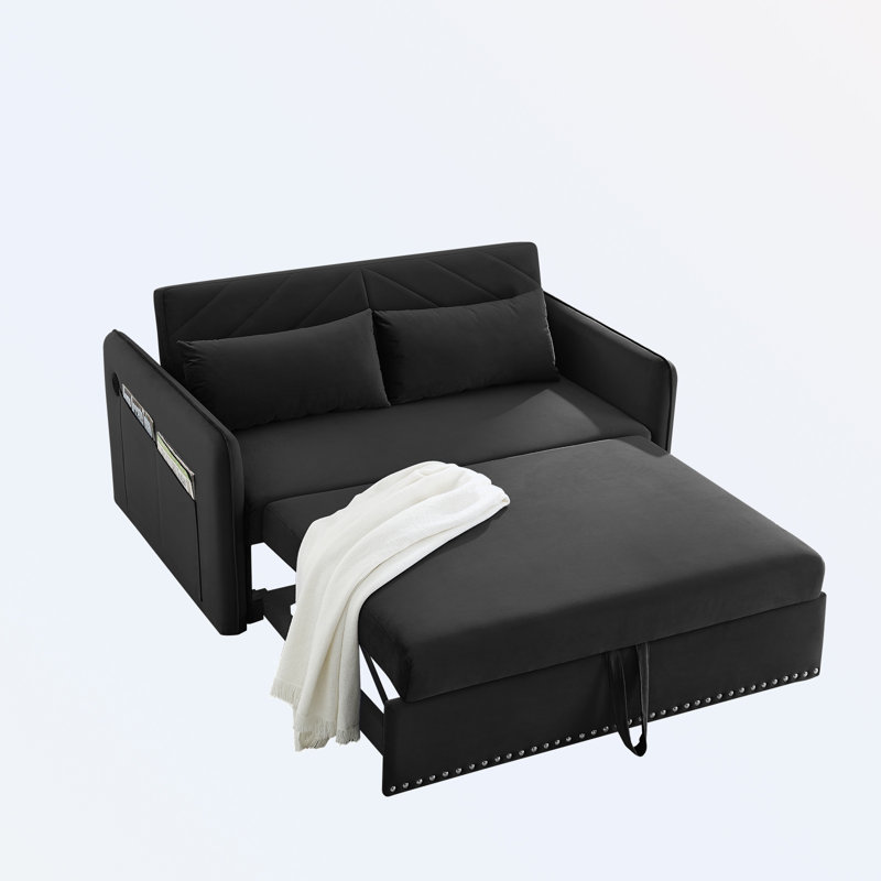 Araluen 55'' Velvet Convertible Sofa, Black Velvet