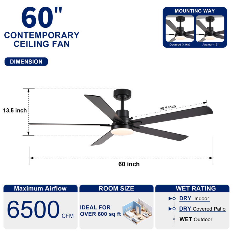 Ventilateur de plafond 60 po bicolore à intensité variable de 60 po à 3 lumières CCT avec télécommande et commande murale, 6 vitesses, moteur à courant continu réversible pour la chambre à coucher.