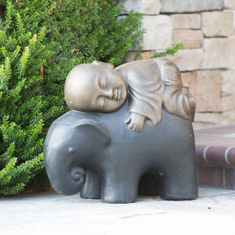 Statue de jardin moine sur éléphant Shaolin, Or rustique / Noir