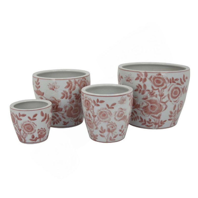 Ensemble de 4 pots à fleurs Kerry, motif floral rose, céramique blanche