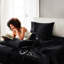 7 draps de luxe en satin noir très grand divisé, texture douce et soyeuse, réduit les frisottis, 1 drap plat, 2 draps-housses, 4 taies d'oreiller froissées, doux pour la peau et les cheveux,