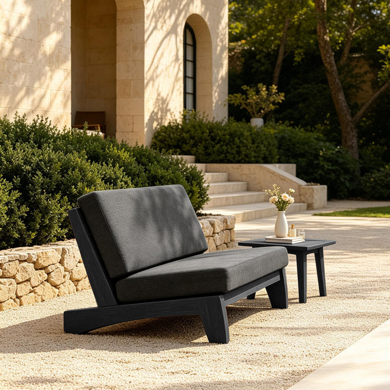 Polett Outdoor Conversation Set Solid Wood Group With Loveseat And Side Table, Dark Gray, Black