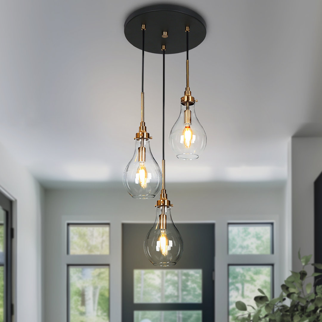 Hooman 3 - Light Cluster Teardrop Pendant Black and Brass with Glass shade 11.8 inches W Ceiling Base Mercer41