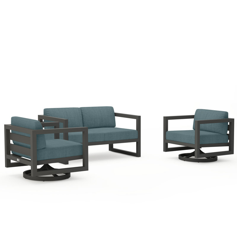 Avion 3 Piece Loveseat Set With Swivel, Slate, Cast Lagoon Sunbrella® Plainweave