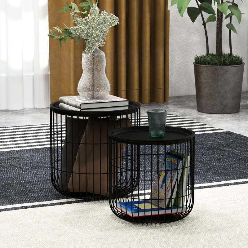 Tables basses gigognes rondes, ensemble de 2, noires, structure en panier en fil d'acier, plateaux amovibles, indispensables au salon, gain d'espace et polyvalentes. Tables d'appoint empilables avec espace pour un effet décoratif.