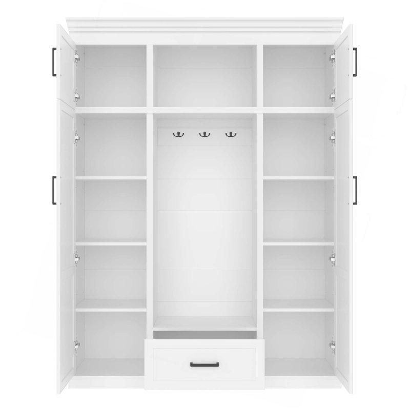 Arbre d'entrée 85,2 po avec banc et 3 crochets, armoire de rangement moderne avec 4 portes, 1 tiroir et tablettes réglables pour le couloir, le vestibule et le salon