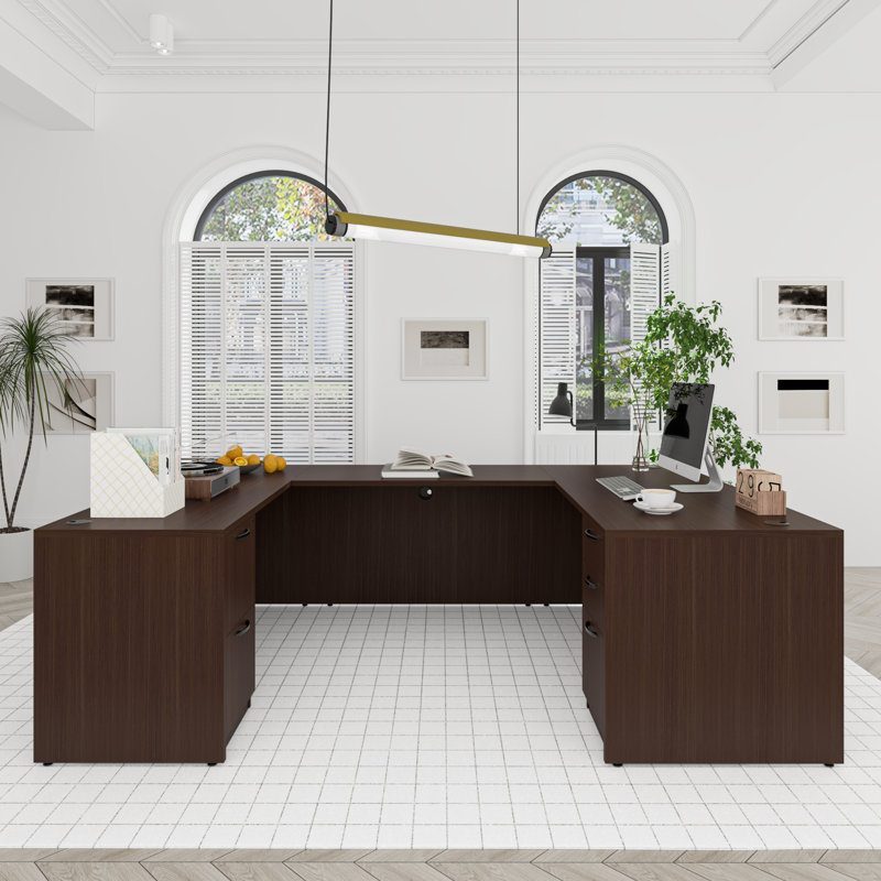 100.4'' U-Shaped Executive Desk With Lockable File Cabinets, Brown