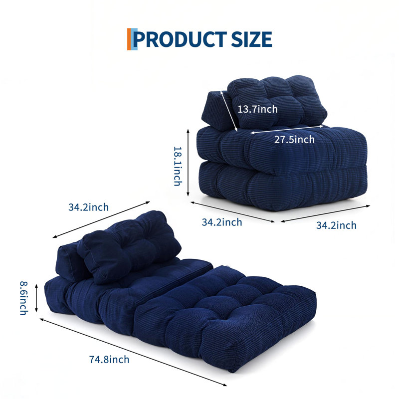Canapé-lit convertible pliant avec matelas pliable, coussin, support pour le dos et poche latérale pour le salon et la chambre à coucher