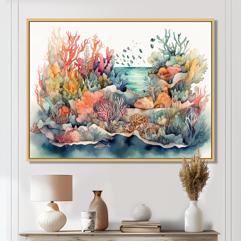 «Vibrant Coral Reef II - Modern Beach», reproduction sur toile encadrée, H 24 po x l 32 po x P 1 po, Cadre flottant érable