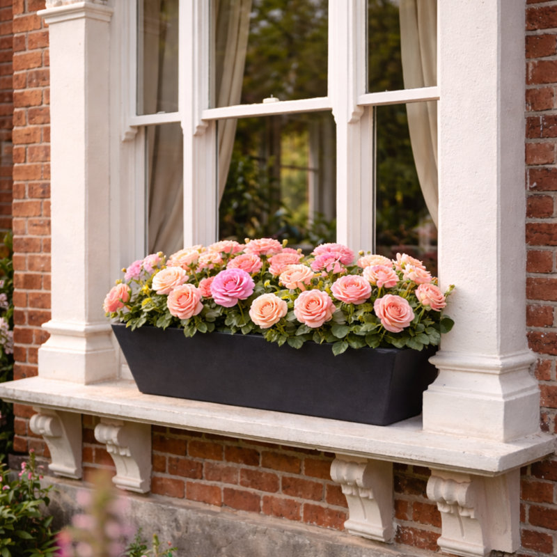 Bini Window Box, Contemporary Concrete Effect Plant Pot, Outdoor Windowsill Planter with Drainage Plug, Black