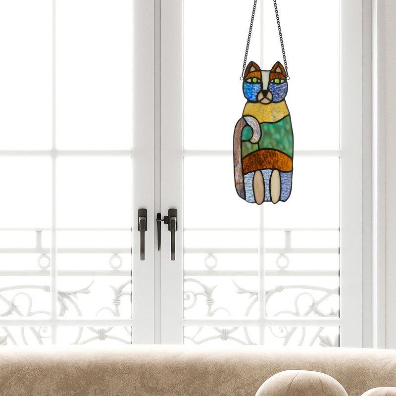 13" H Crazy Cat-Stained Glass Window Panel