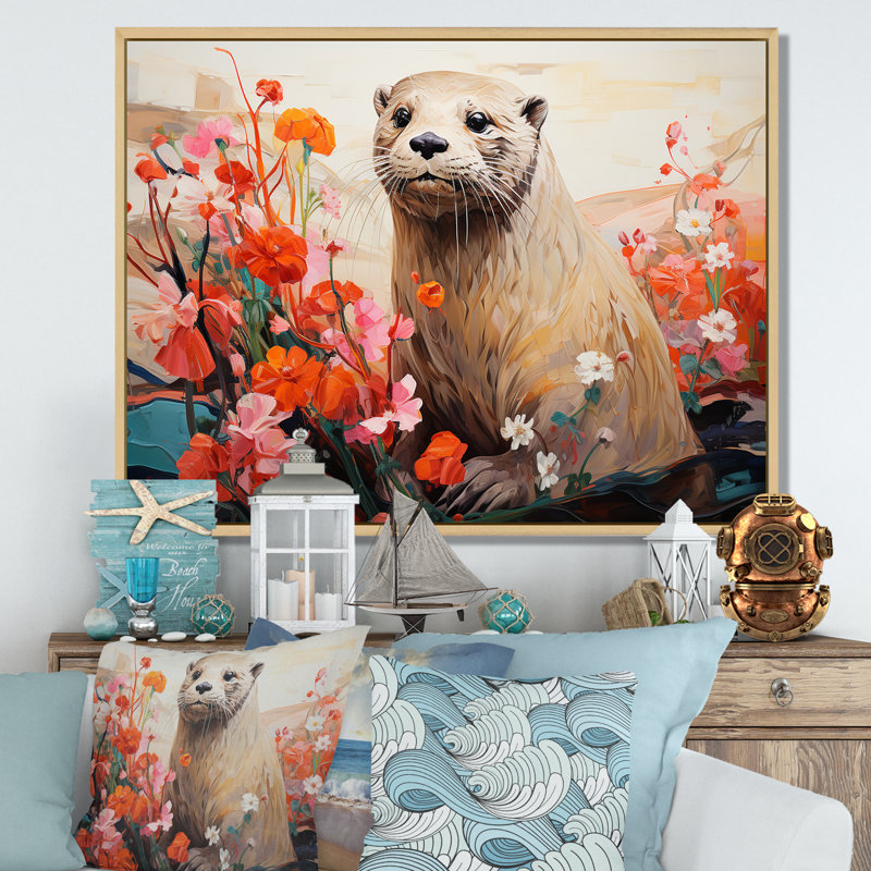 Loutre ludique en fleurs II - art de la loutre, Cadre flottant blanc, H 12 po x l 20 po x P 1 po