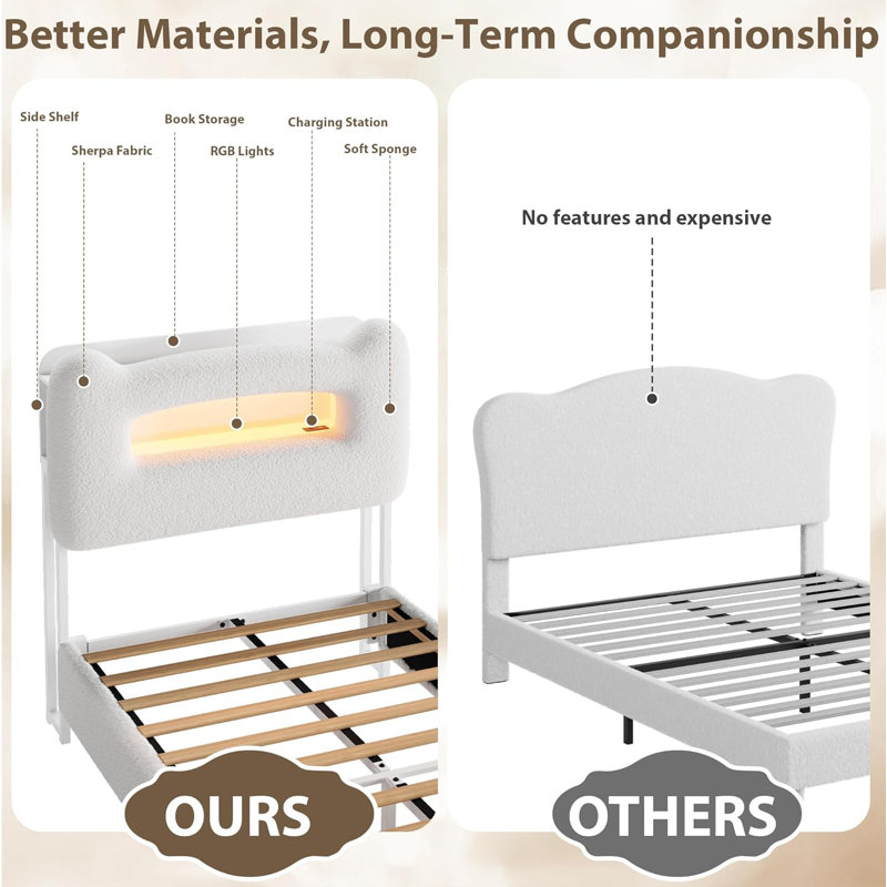 Twin Upholstered Bed Frame with LED Storage Headboard, Charging Station & Drawer, Metal Support, Pink, Beige, Twin
