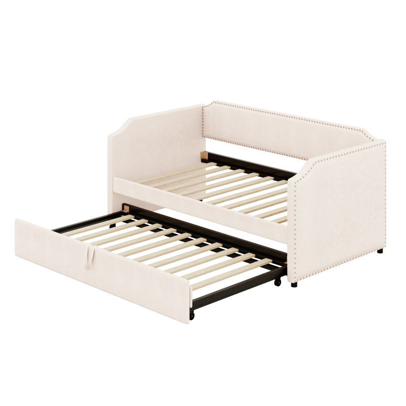 Velvet Upholstered Daybed With Pop Up Trundle, Beige