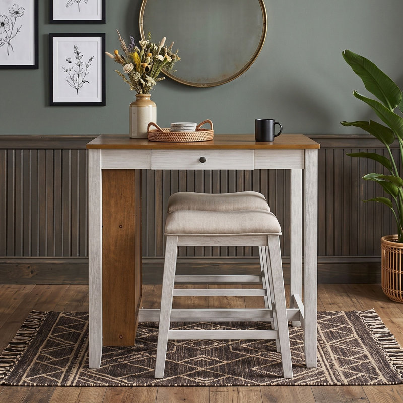 Ensemble de table de bar moderne avec prise de courant intégrée, tiroirs latéraux, tablettes de présentation et tabourets