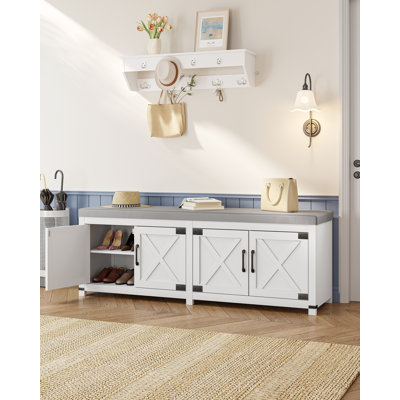Farmhouse Shoe Storage Bench, 2 Tier Shoe Bench with Padded Seat Cushion & Barn Doors, Entryway Bench with Adjustable Shelf, Shoe Cabinet for Living Room, Bedroom