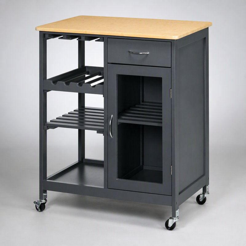 Rolling Kitchen Island with Storage, Wine Rack, Stemware Holder, Shelves, Drawer and Cabinet, Gray