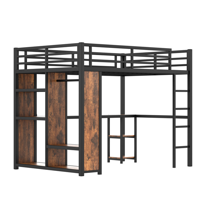 Queen Size Metal Loft Bed with Built-in Wardrobe, Desk, and Storage Shelves, Woodgrain Space-Saving Loft Bed Frame