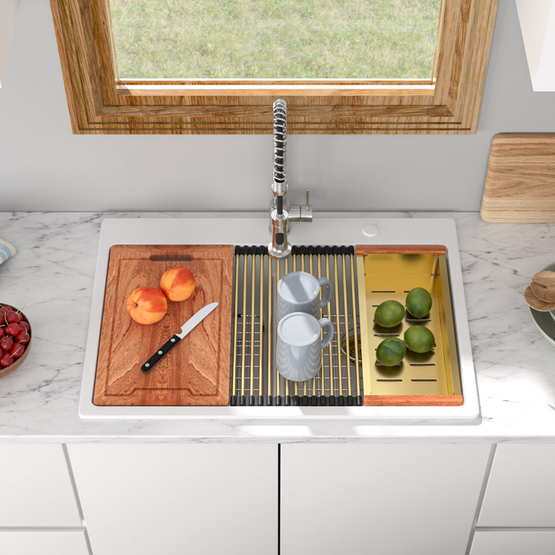 33 Inch Drop-In Granite Composite Kitchen Sink Workstation 50/50 Double Bowl Quartz Kitchen Sink