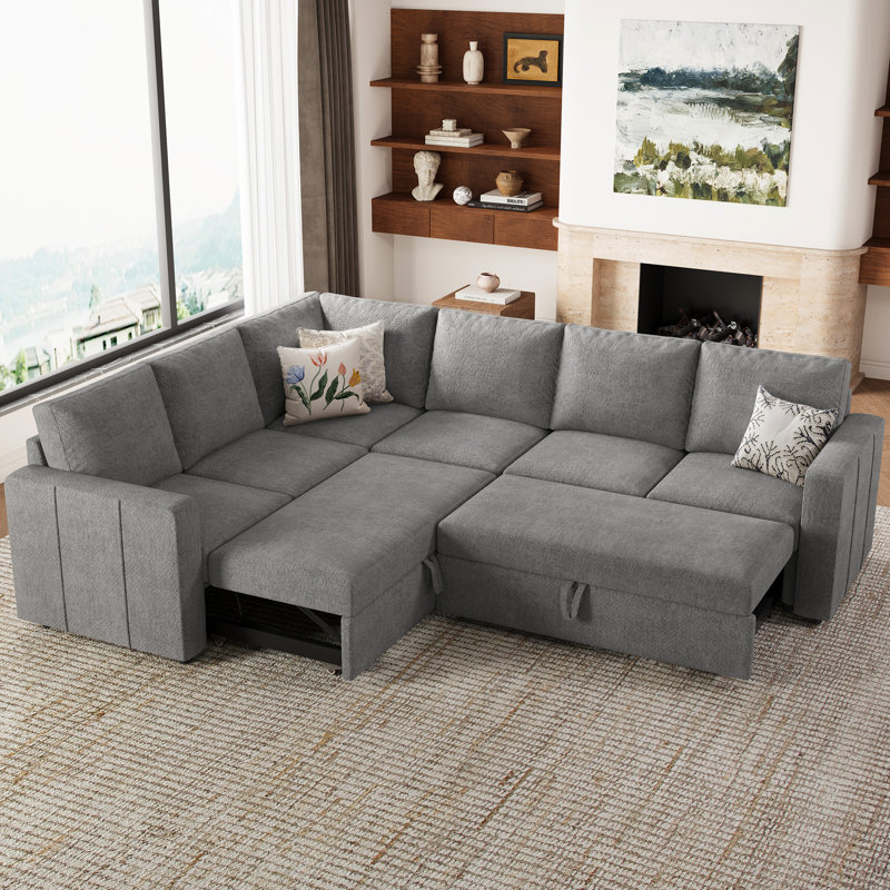 L-Shaped Modular Sleeper Sectional, Chenille - Light Gray