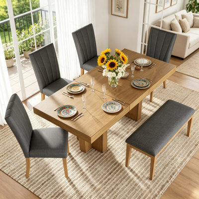 Extendable Rubber Wood Dining Table Set for 6, Farmhouse Style Trestle Base Dining Set with Upholstered Bench & 4 Vertical Stitch Fabric Dining Chairs