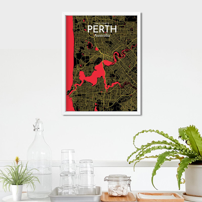 Perth Australia City Map - Unframed Print Set, Black/Red/Yellow, 24" H x 18" W