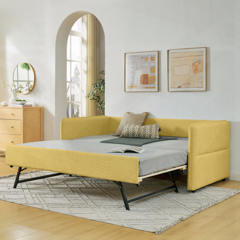 Twin Size Tufted Sofa Bed With Pop-Up Trundle, Boucle Fabric, Ideal For Comfort And Extra Sleeping Space, Twin, Yellow