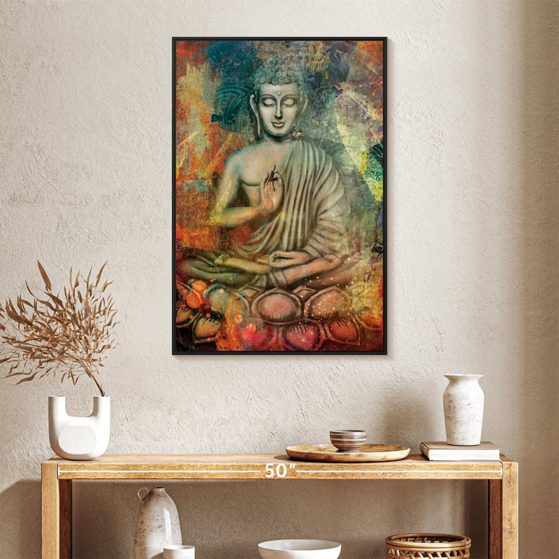 Bouddha assis en couleurs, 25 po x 37 po, Cadre flottant noir