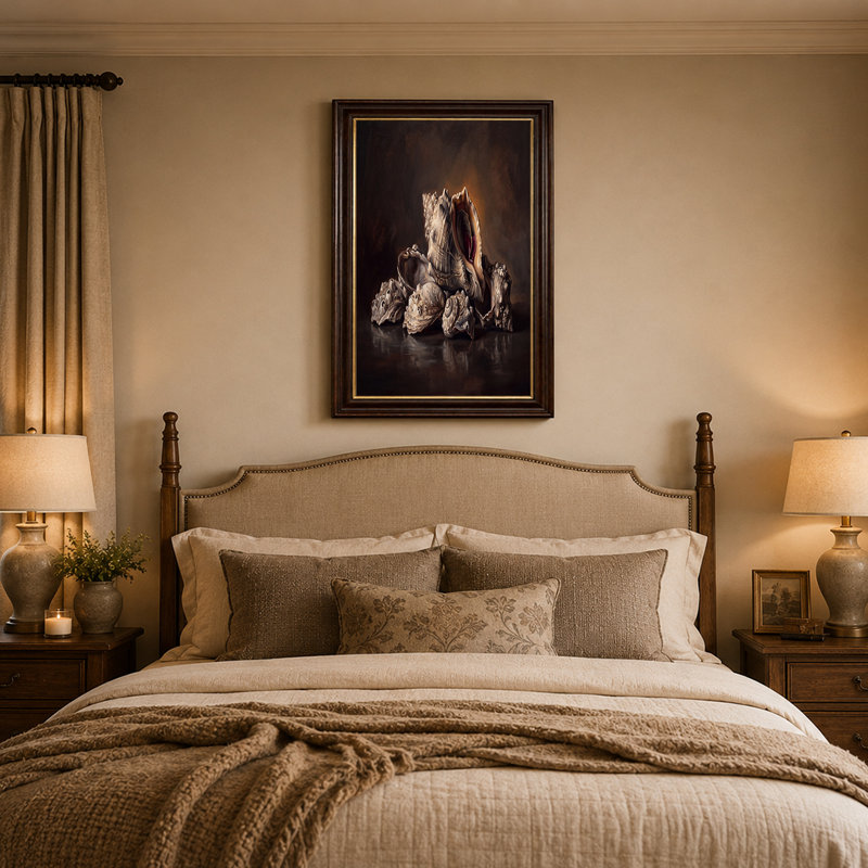 Art mural sur toile Conch Shell and Barnacled Rocks on Dark fond, H 16 po x l 24 po