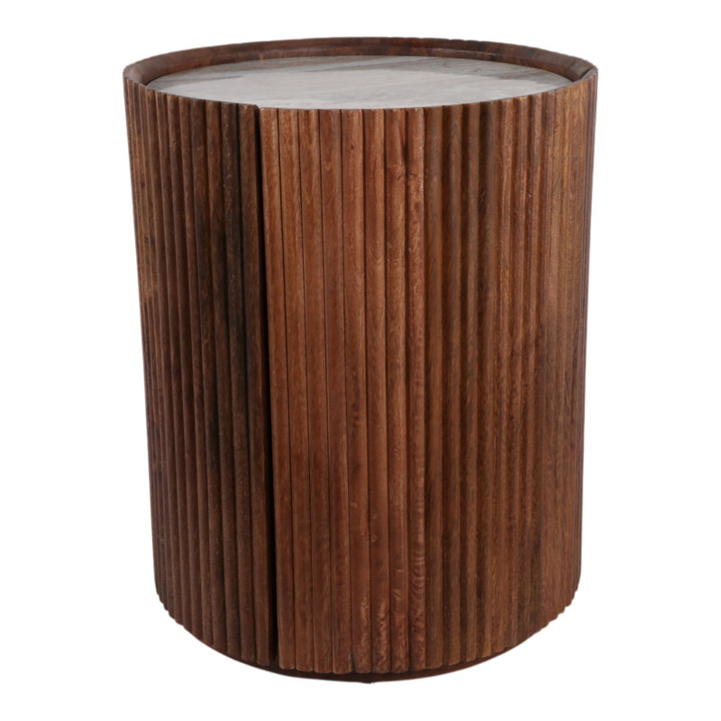 Table d'appoint décorative en bois nervuré avec dessus en marbre et compartiment de rangement - table de bout moderne étroite pour le salon ou la maison - 19,75 po, brun