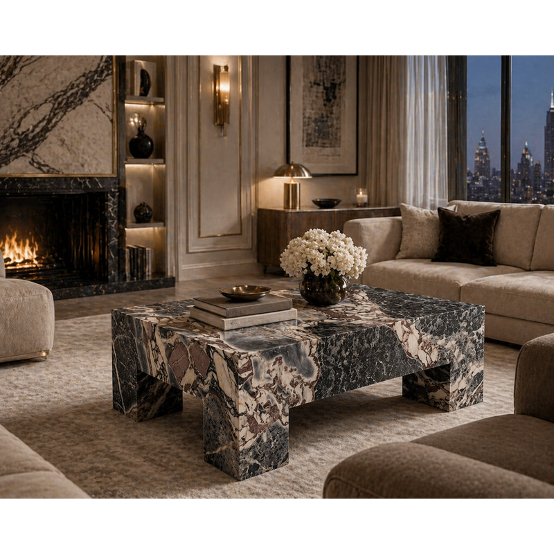 Table basse rectangulaire avec pieds en marbre véritable - marbre bleu galaxie