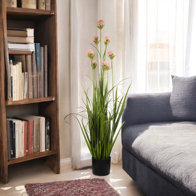 Herbe artificielle 48 pouces avec fleurs réalistes en pot noir, Rose