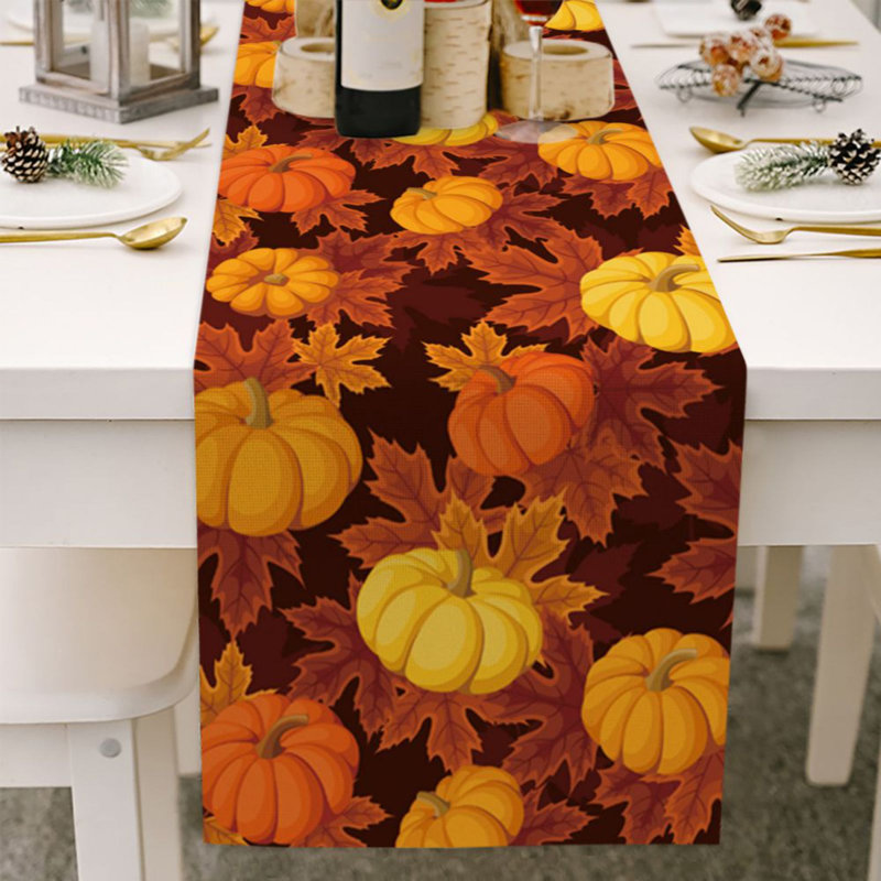Chemin de table 13 x 70 po couleur d'automne, serviette de table en coton et lin orange citrouille orange rustique, chemin de table Halloween Thanksgiving Harvest, D