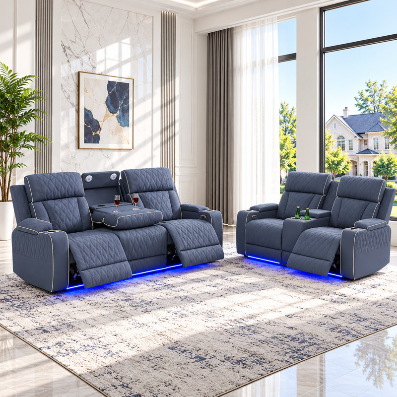 Ensemble de canapés inclinables électriques 2 pièces en similicuir haut de gamme pour salon, Similicuir bleu / gris