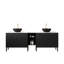 Ensemble de meuble-lavabo double autoportant 72 po avec lavabo TURIO, 2 armoires de rangement rayées 30 po + 2 tablettes ouvertes amovibles, 2 vasques noires en pierre avec comptoir blanc Carrara, noir