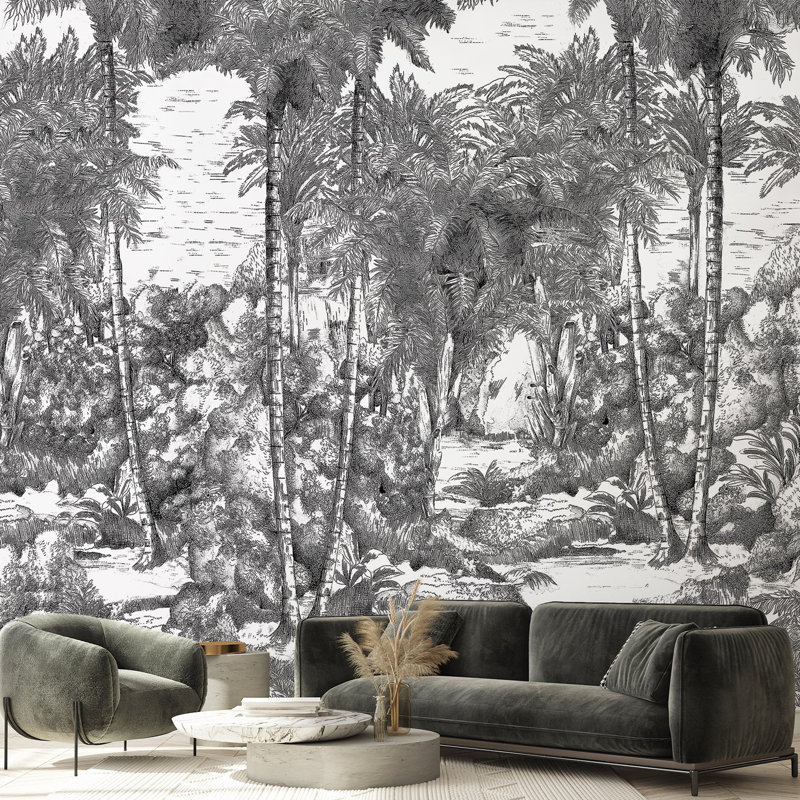 Papier peint tropical monochrome dessiné à la main Jungle, L 110,04 po x l 163 po, Noir