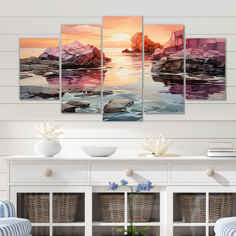 Orange orange et gris, «Iceberg», art mural sur toile, 5 panneaux