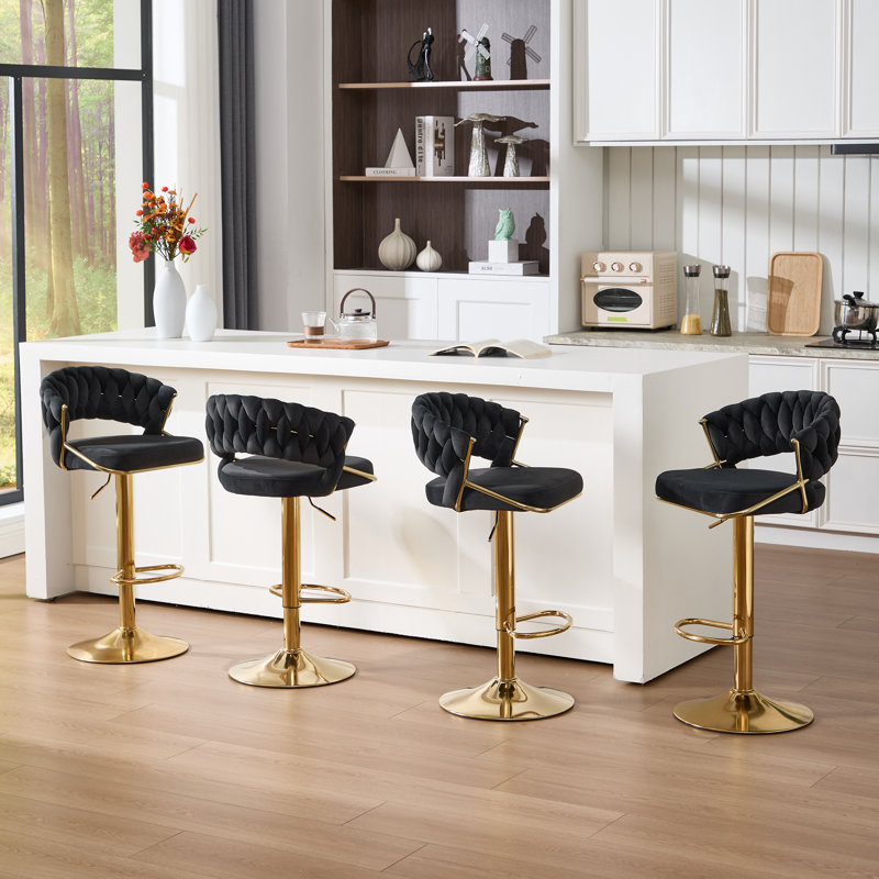 Ensemble de 4 tabourets de bar pivotants en velours, or moderne avec dossier tissé, Noir, 4