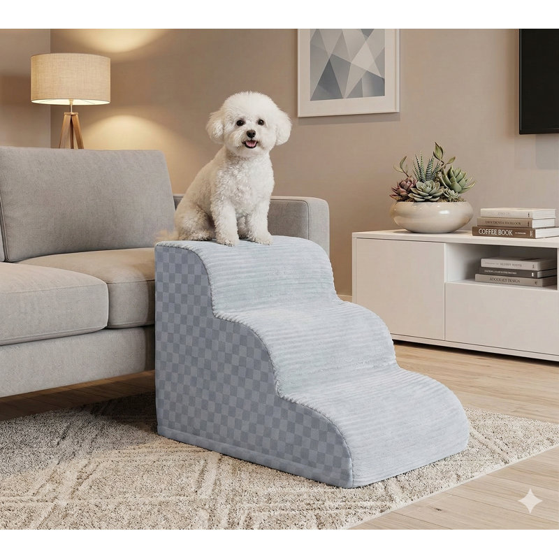 Three-Step Foam Ramp for Small Dogs, 15.7 Inches High for Couch Access, Durable Construction with Non-Slip Base, Suitable for Puppies, Grey Finish