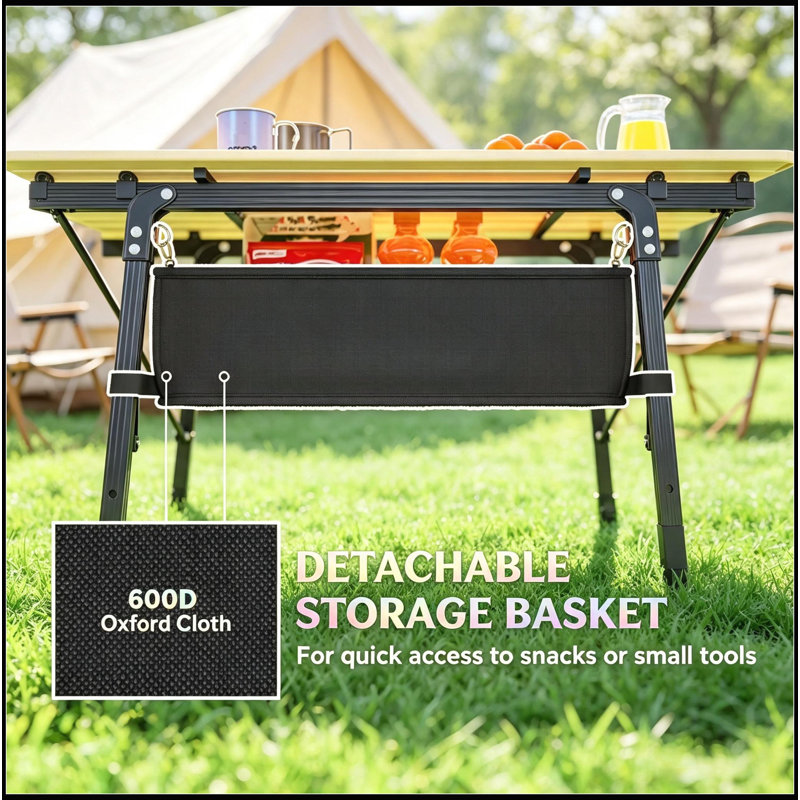 Table de camping compacte, portative et pliante, en aluminium, réglable en hauteur (de 45 à 66 cm), poids : 30 kg.