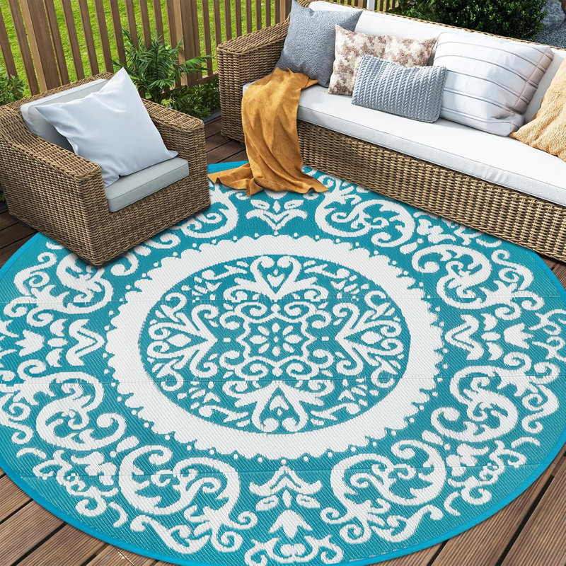 Tapis d'extérieur rond bleu sarcelle Tapis de patio en plastique réversible et imperméable, Bleu sarcelle / blanc