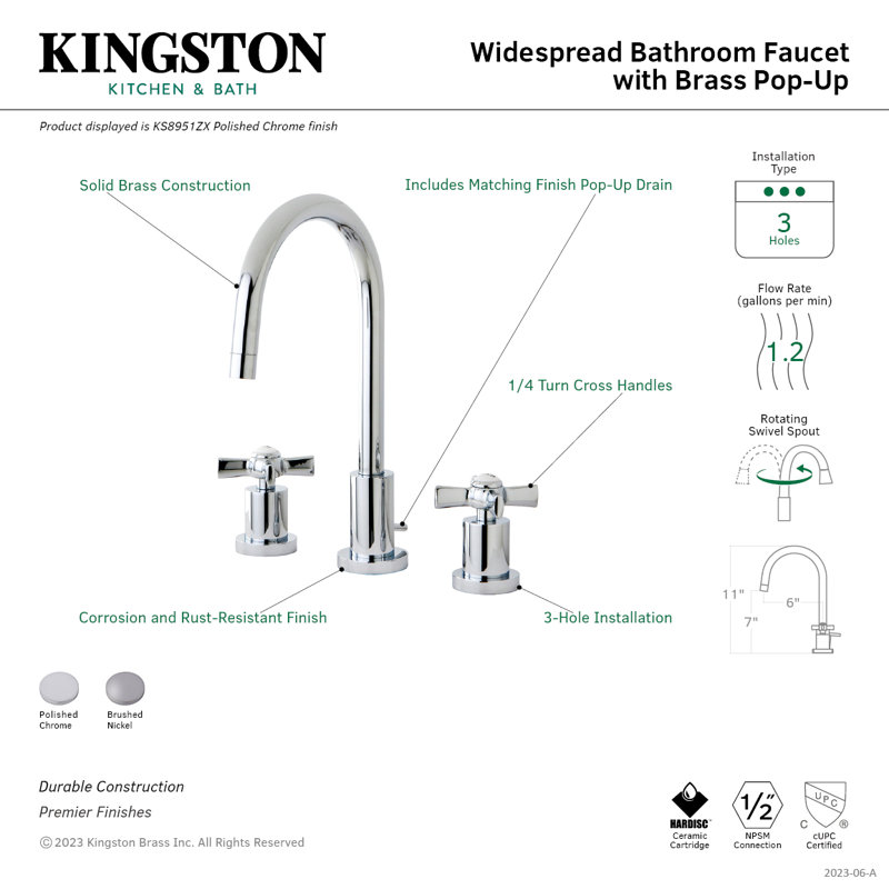 Kingston Brass Millennium Two-Handle 3-Hole Deck Mount Widespread Bathroom Faucet with Brass Pop-Up Drain, Brushed Nickel