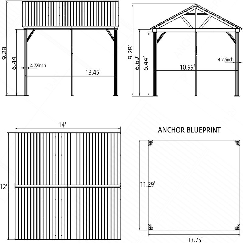 Pavillon de jardin extérieur en aluminium 12 pi x 14 pi avec toit en pignon en acier galvanisé