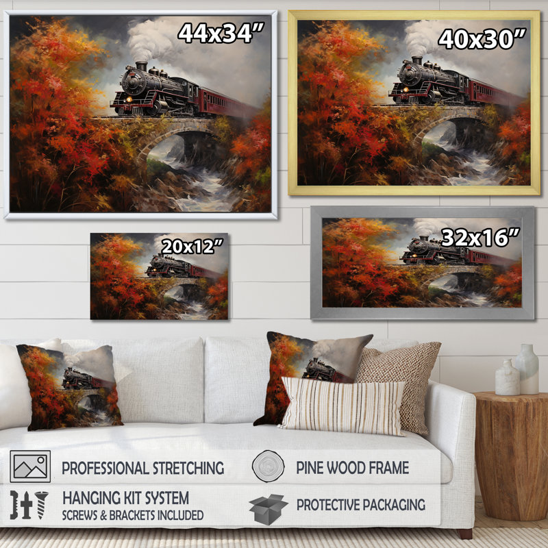 «Steamtrain Crossing Autumn Bridge», reproduction d'art sur toile, 16" H x 32" W, Toile tendue