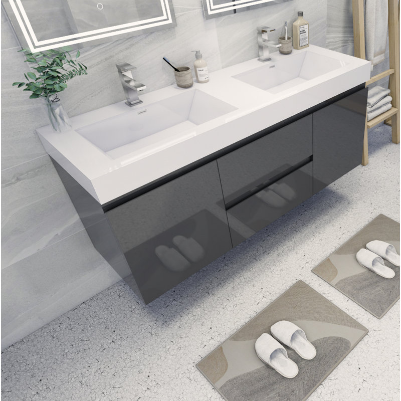 Hartt 59'' Double Bathroom Vanity with Wood, Acrylic Top, High Gloss Gray