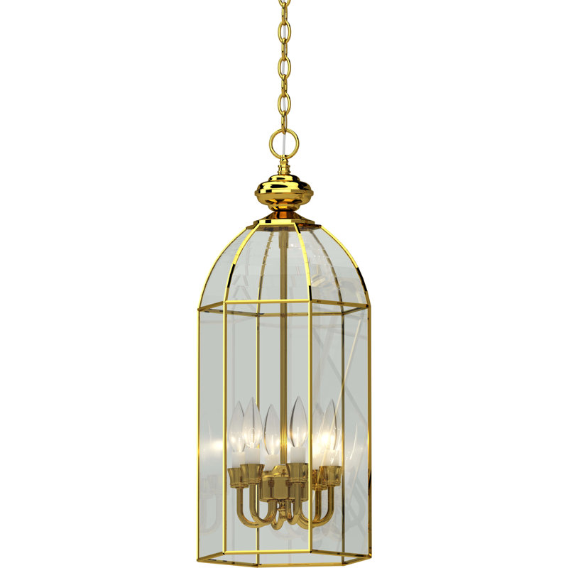 Lustre candélabre intérieur cage en laiton poli 6 lumières avec panneaux en verre biseauté transparent 