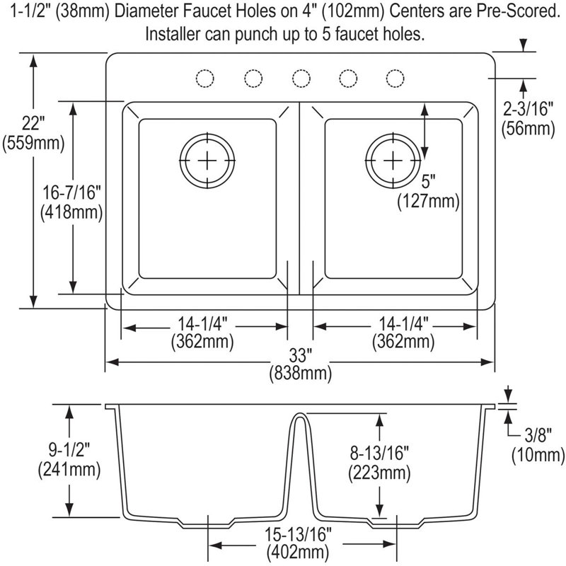 Quartz Classic 33" x 22" x 9-1/2" Double Basin Drop-in Kitchen Sink, Graystone