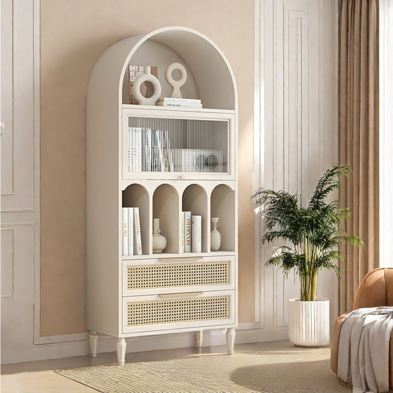 Bibliothèque moderne en bois et rotin simple, Blanc