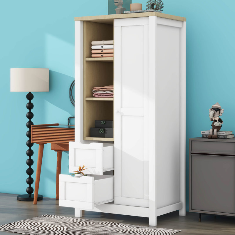 Garde-robe avec porte coulissante, tringles suspendues et tablettes ouvertes