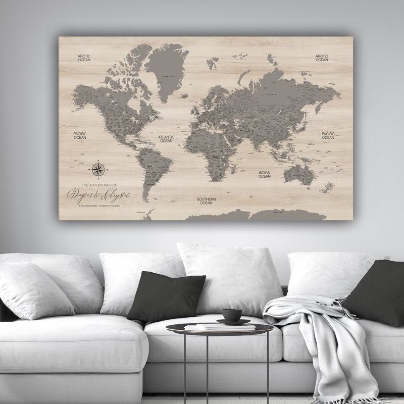 Carte du monde personnalisée avec punaise en bois moderne, H 24 po x l 40 po, Mastic, Oui